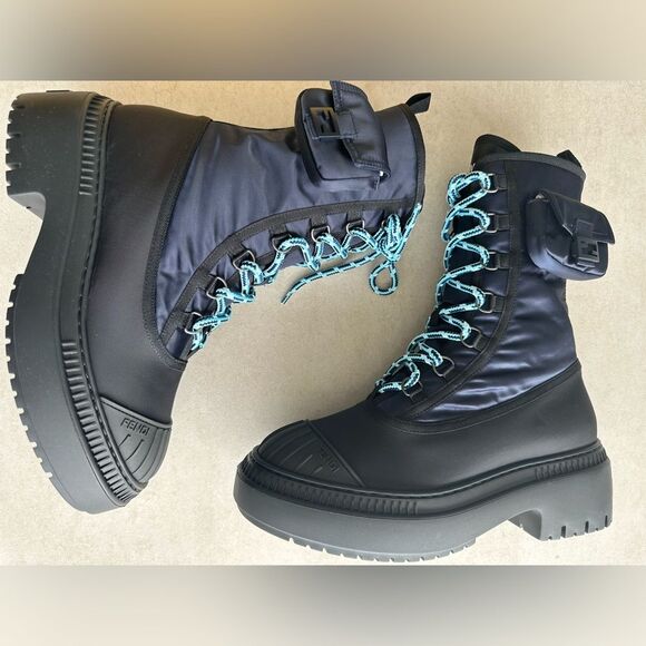 Fendi Baguette Domino Nylon Biker Lace Up Boots EU 38 US 8 in Blue/ Black - Picture 2 of 10